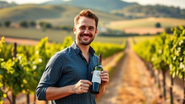 Smiling man with wine bottle in vineyard, illustrating current wine industry.