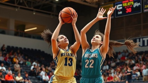 Intense basketball play during Wylie Lady Pirates basketball win, with a player shooting and another blocking.