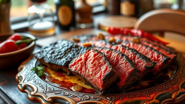Delicious Basque-style roasted piquillo peppers with seared ribeye on platter.