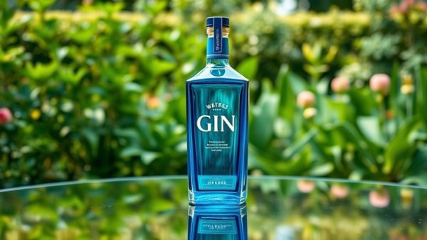 Blue gin bottle reflecting history of gin cocktails on glass table.