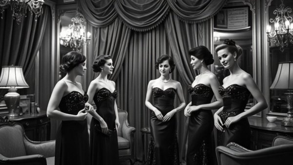 Glamorous scene from 'Some Like It Hot' movie review, vintage performers in ornate setting.