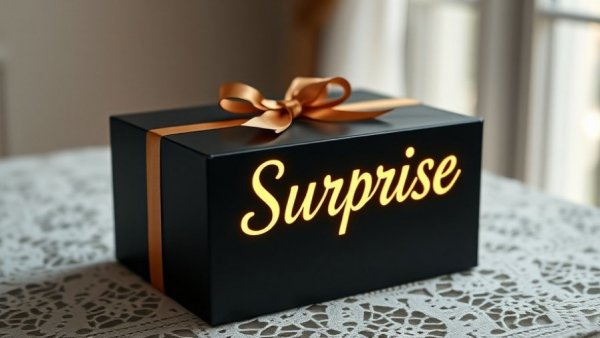 Elegant black gift box labeled 'Surprise', emphasizing kitchen finds theme.