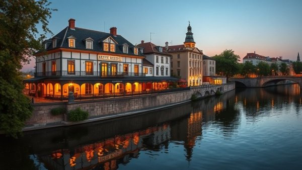 Valentine's Day 2026 in San Antonio riverside evening scene with glowing hotel.