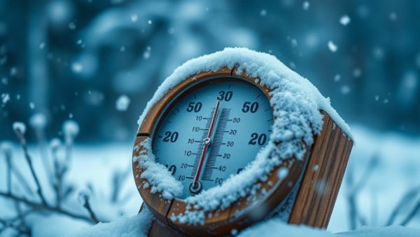 Thermometer in heavy snow indicating cold Dallas facility closures winter weather.