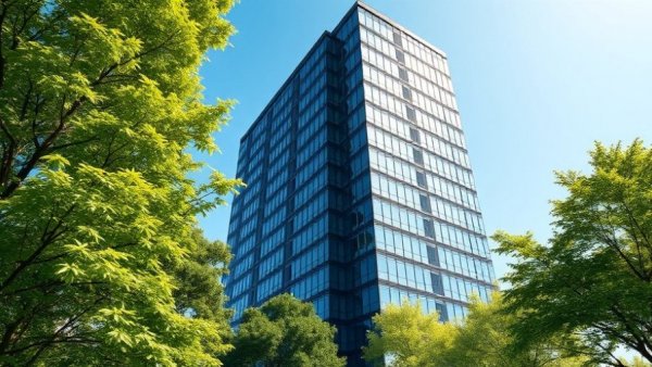 Modern office building in Dallas with blue sky, greenery