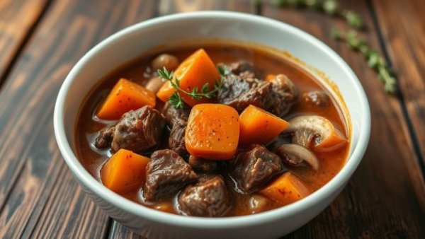 Delicious beef stew with carrots and mushrooms, rustic setting.