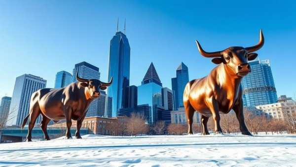 Snowy downtown Dallas with cattle statues, clear winter weather.
