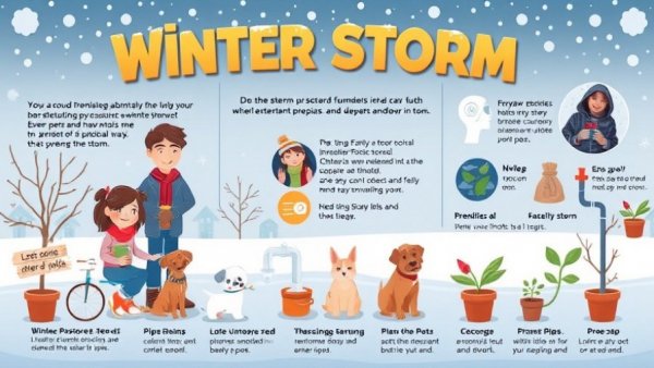 Winter storm preparations DFW infographic with tips for people, pets, pipes, and plants.