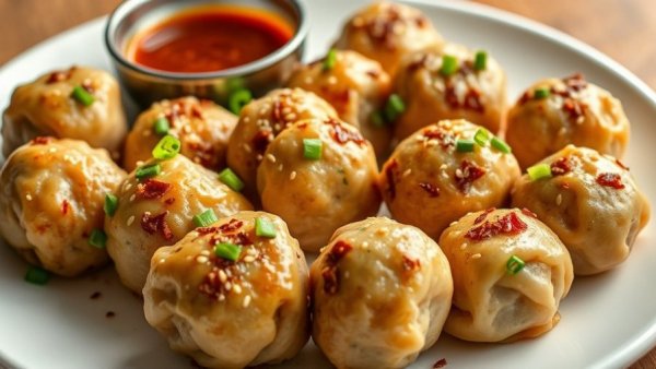 Appetizing chicken and scallion dumpling meatballs with dipping sauce.