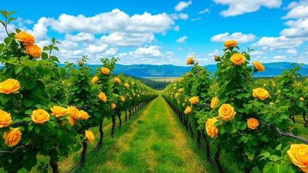 Troon Vineyard with grapevines and roses under a vibrant sky.