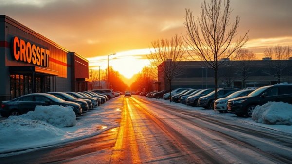 Snowy Dallas street with CrossFit gym at sunset