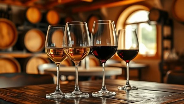 Elegant display of red and white wine in a cozy winery.