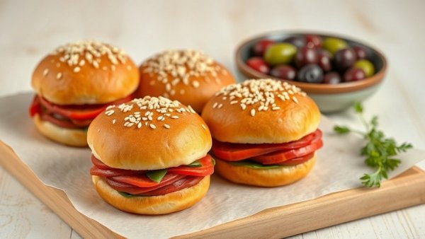 Golden muffuletta sliders with sesame seeds and olive salad.