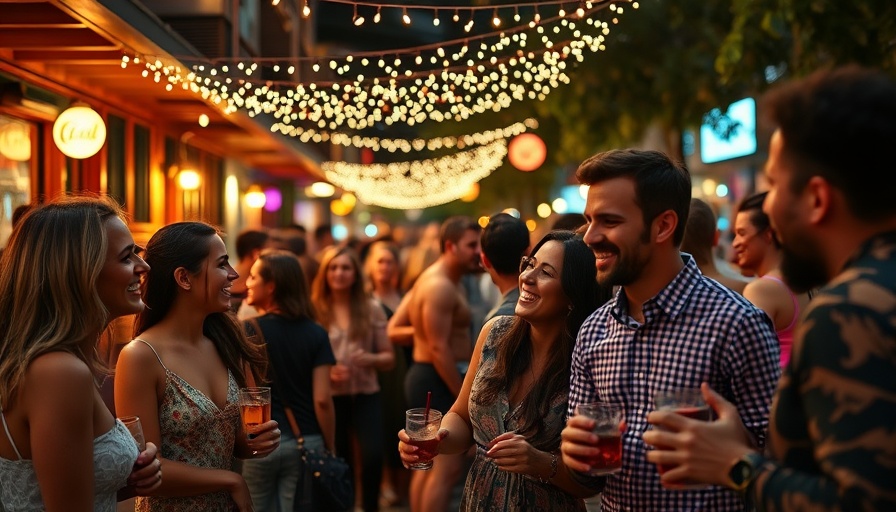 Vibrant Austin happy hour scene with diverse group enjoying cocktails.