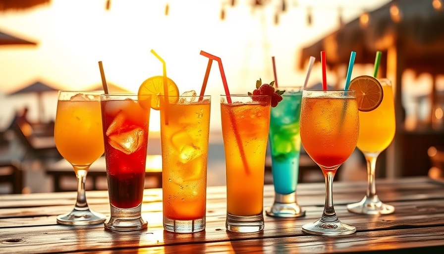 Black Gold Summer Happy Hour cocktails with vibrant colors on a table.