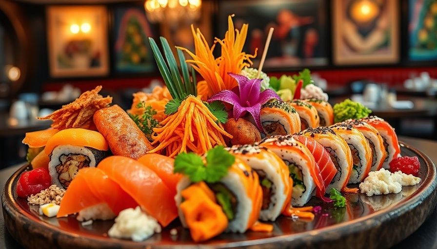 Texas-Mexican Sushi Fusion platter in a vibrant restaurant setting.
