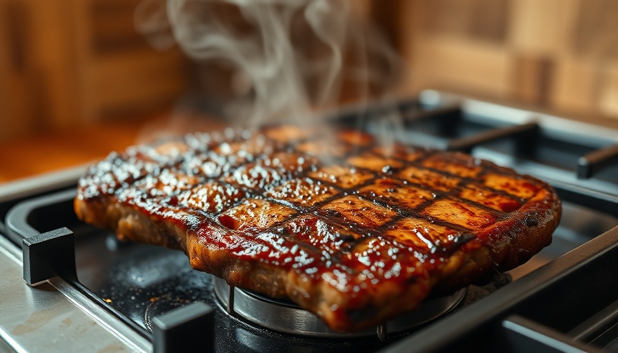 Juicy grilled steak sizzling on a stove, Big Red Fajitas.