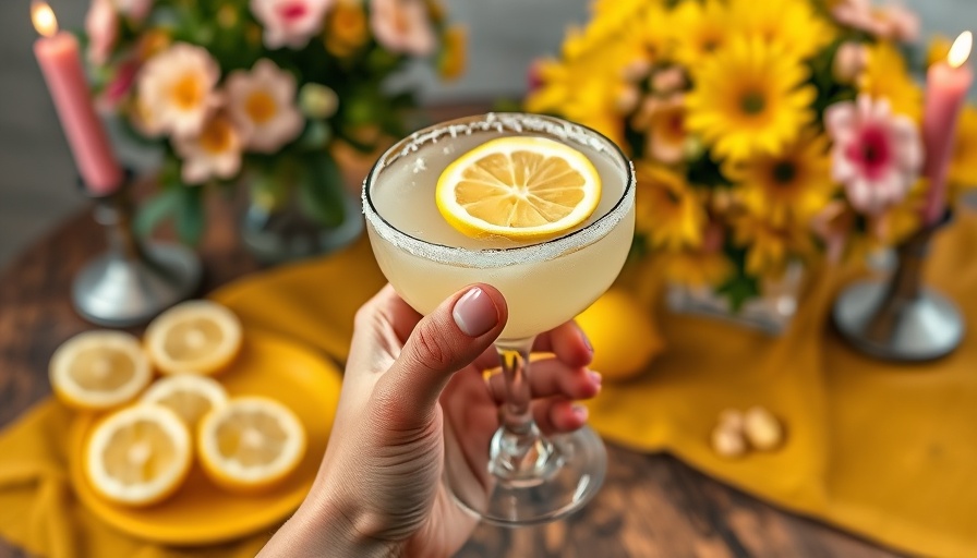 Hand holding a lemon margarita with a salt rim and lemon slice, decorative setting.