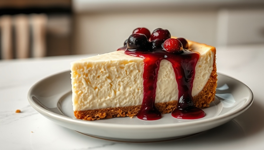 Mouth-watering vegan cheesecake slice with berry compote.