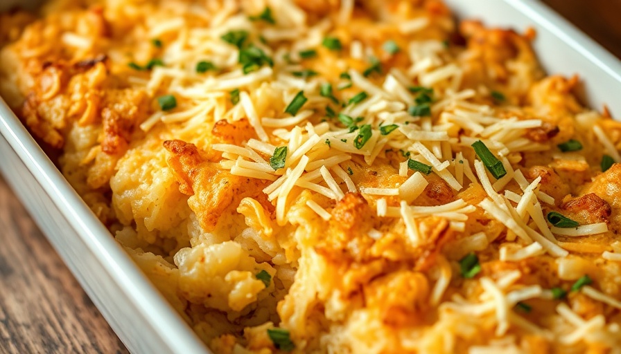 Vegan hash brown casserole with dairy-free cheese and herbs.