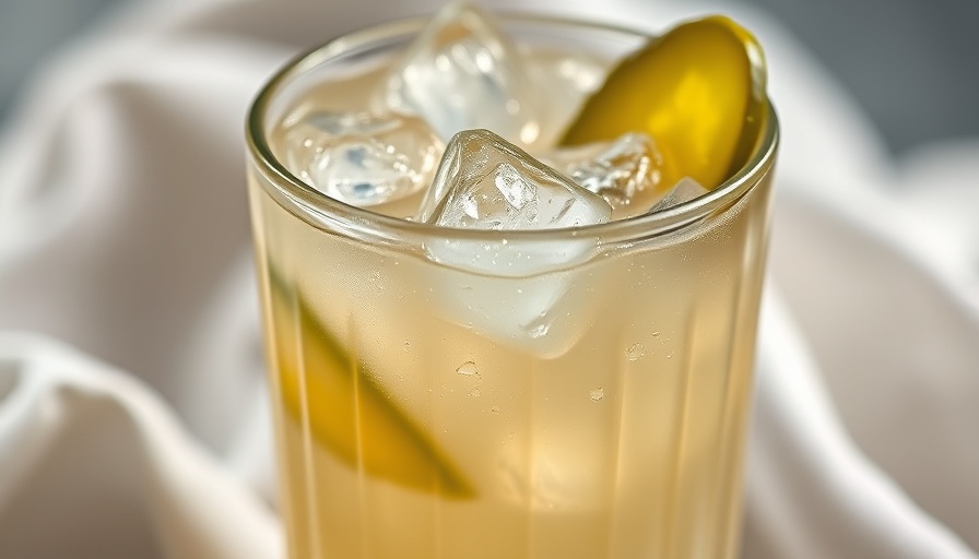 Pickle margarita recipe with pickle slice garnish and ribbed glass.