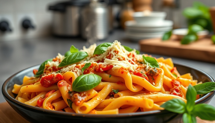 Delicious vegan baked ziti with plant-based cheese.