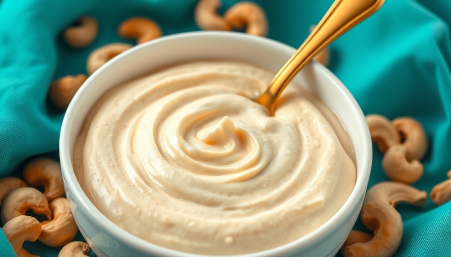 Rich cashew cream in a bowl with a gold spoon on turquoise.