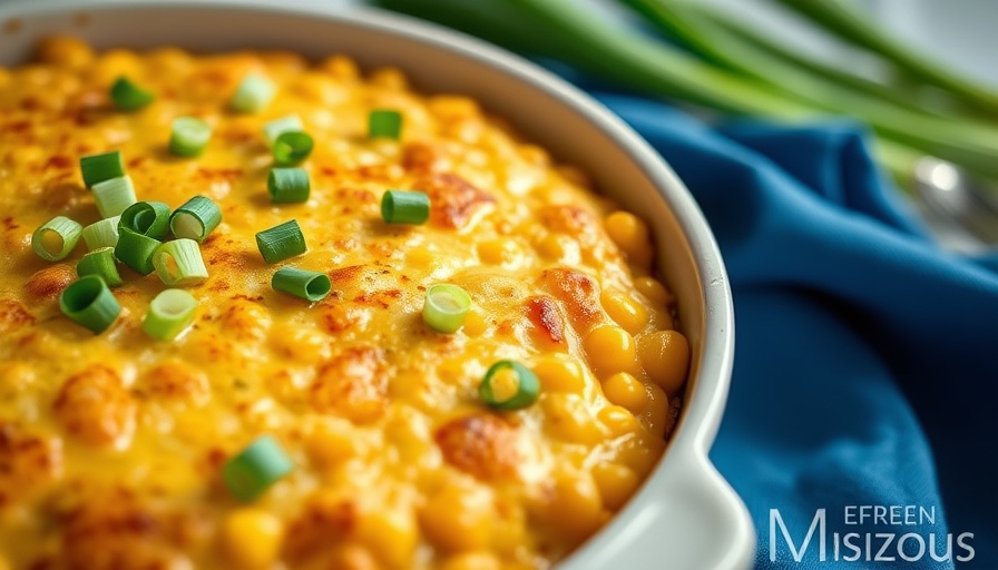 Freshly baked vegan corn casserole topped with green onions.