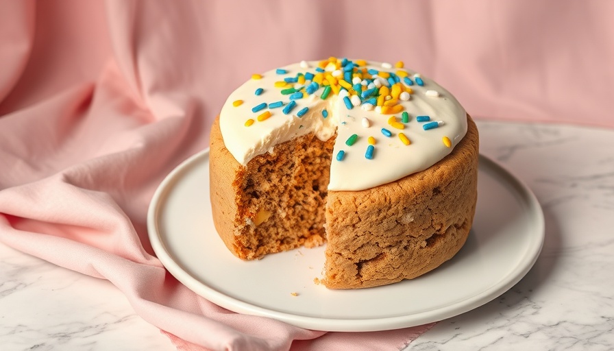 Vegan cookie cake with frosting and sprinkles on a white plate.