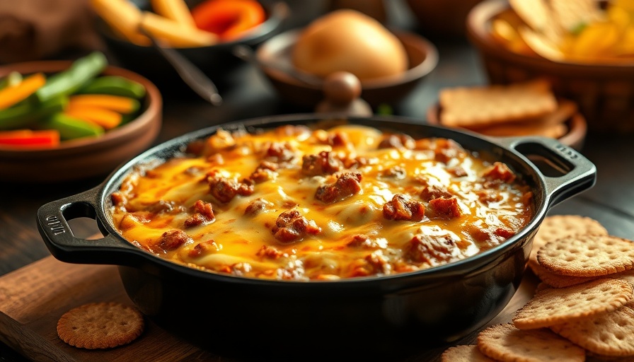 Savory beef and cheese casserole with vibrant veggies on rustic table.