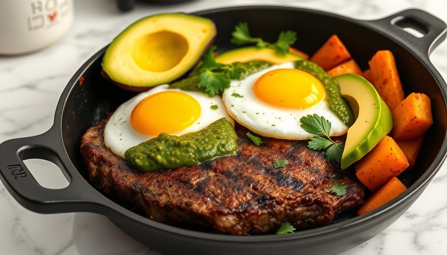 High-protein beef steak skillet with eggs, avocado, and sweet potatoes.
