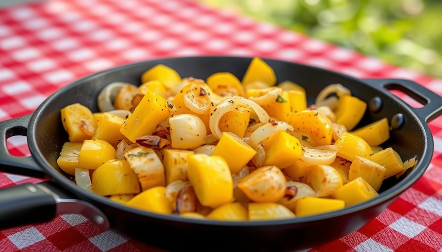Rustic skillet of squash and onions on a checkered tablecloth.