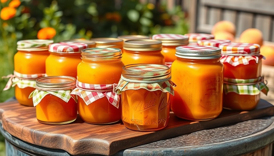 Assorted jars of white peach jam recipe on a wooden board outdoors.