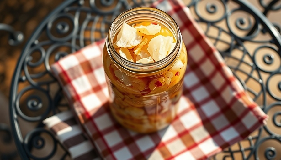 Glass jar of homemade sauerkraut on a table.