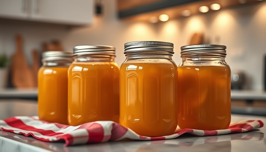 Jars of homemade stock lined up on a kitchen counter.