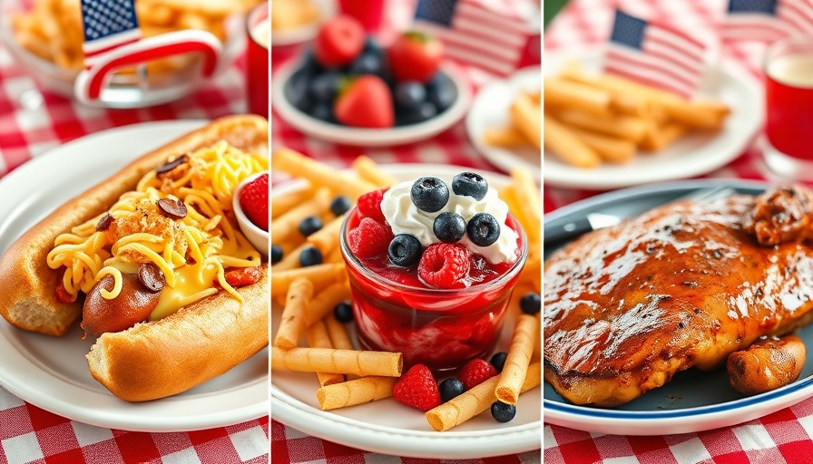 Colorful collage of Memorial Day recipes including hot dog and dessert.
