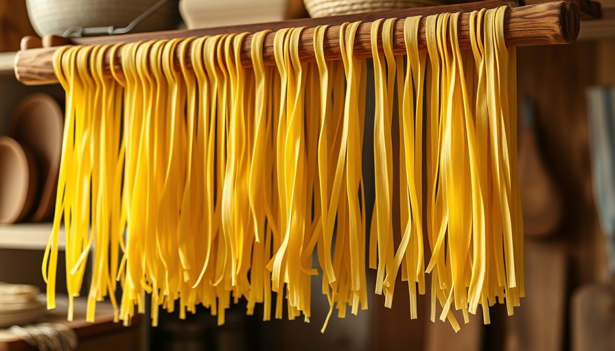 Fresh pasta drying on a wooden rack, make homemade pasta