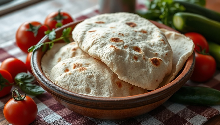Homemade sourdough flour tortillas with fresh vegetables on a checkered tablecloth.