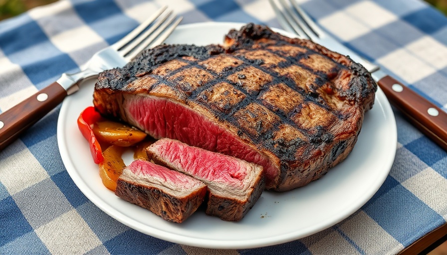 Juicy grilled porterhouse steak with caramelized onions in an outdoor setting.