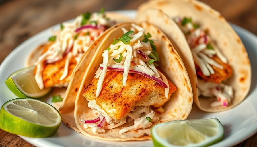 Baja Fish Tacos Recipe: crispy fish with coleslaw on tortillas, lime wedge.