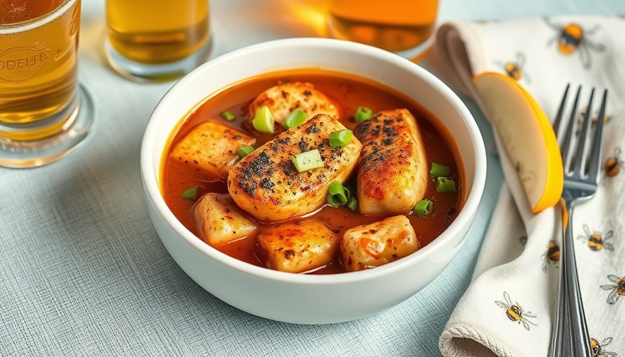 Southern blackened catfish stew in a white bowl with beer.