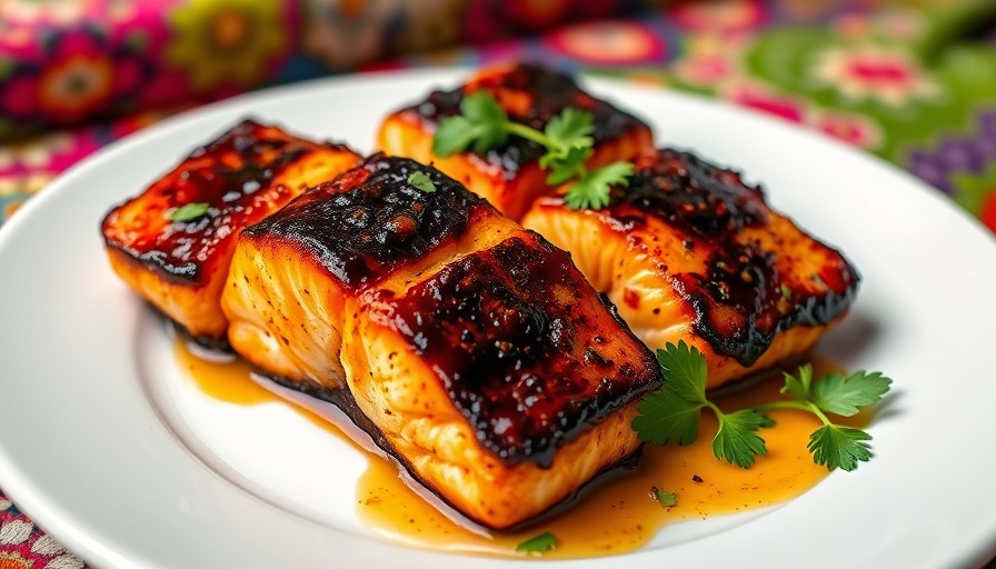 Blackened salmon bites with honey garlic sauce, vibrant setting.