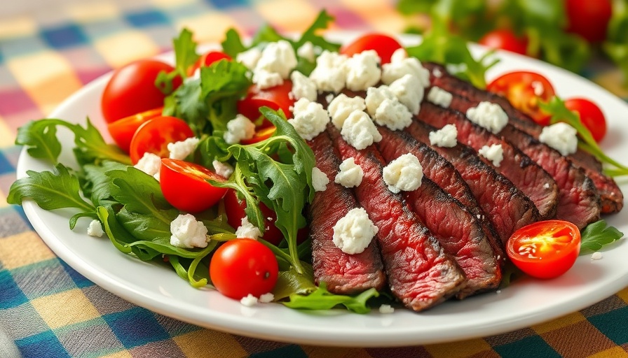 Flank steak salad with arugula, cherry tomatoes, and feta on white plate.