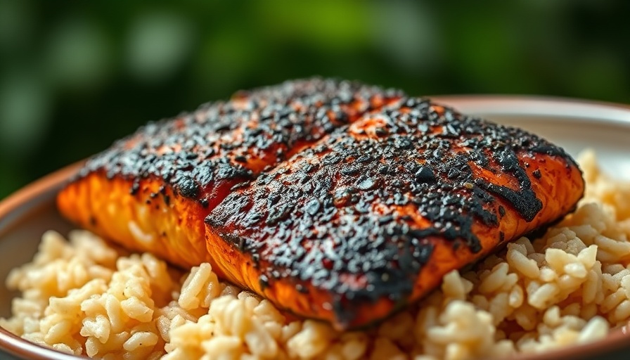 Blackened salmon in DFW elegantly plated with rice and greens.