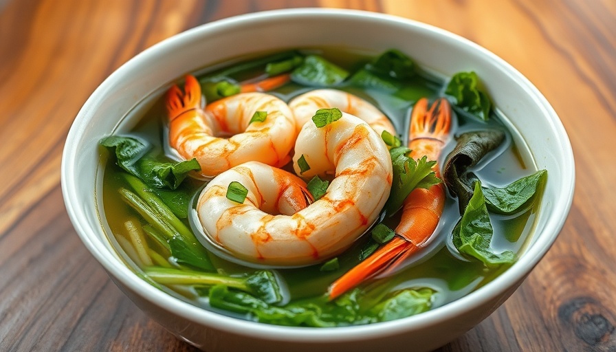 Vietnamese greens and shrimp soup with vibrant greens and large shrimp.