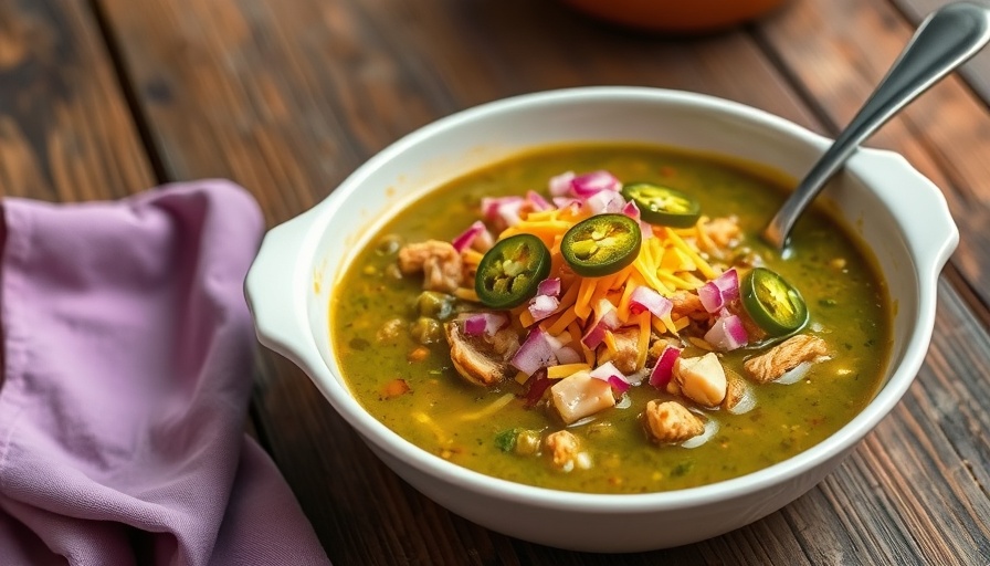 Green Chicken Chili Recipe in a white bowl with garnishes.