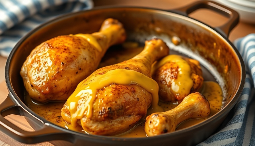 Golden brown chicken in cast-iron skillet with honey mustard sauce.