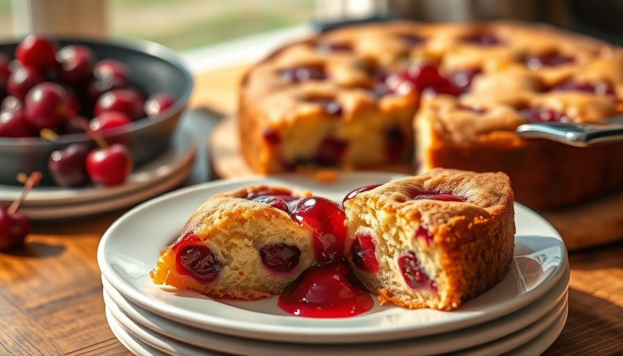 Close-up of sour cherry pudding cake slice on plates.