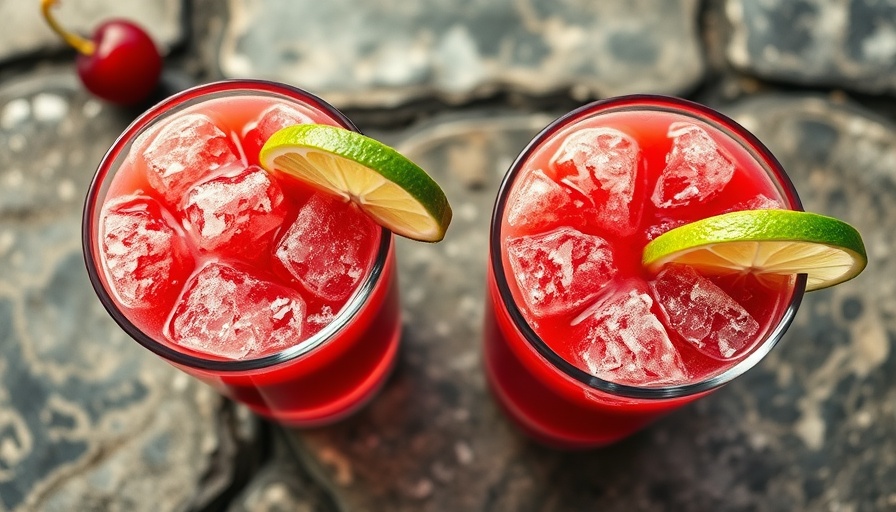 Cherry lime slushies with lime garnish on a rustic surface.