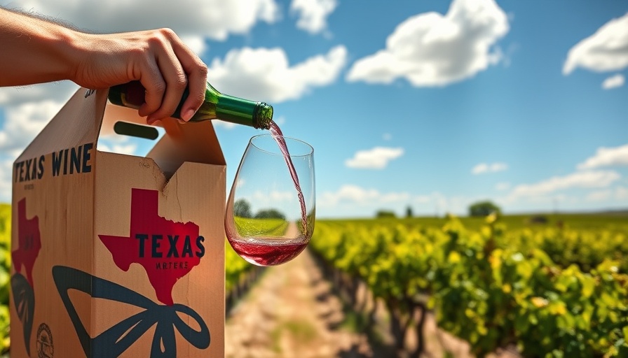 Texas boxed wine in vineyard setting; hand pouring.
